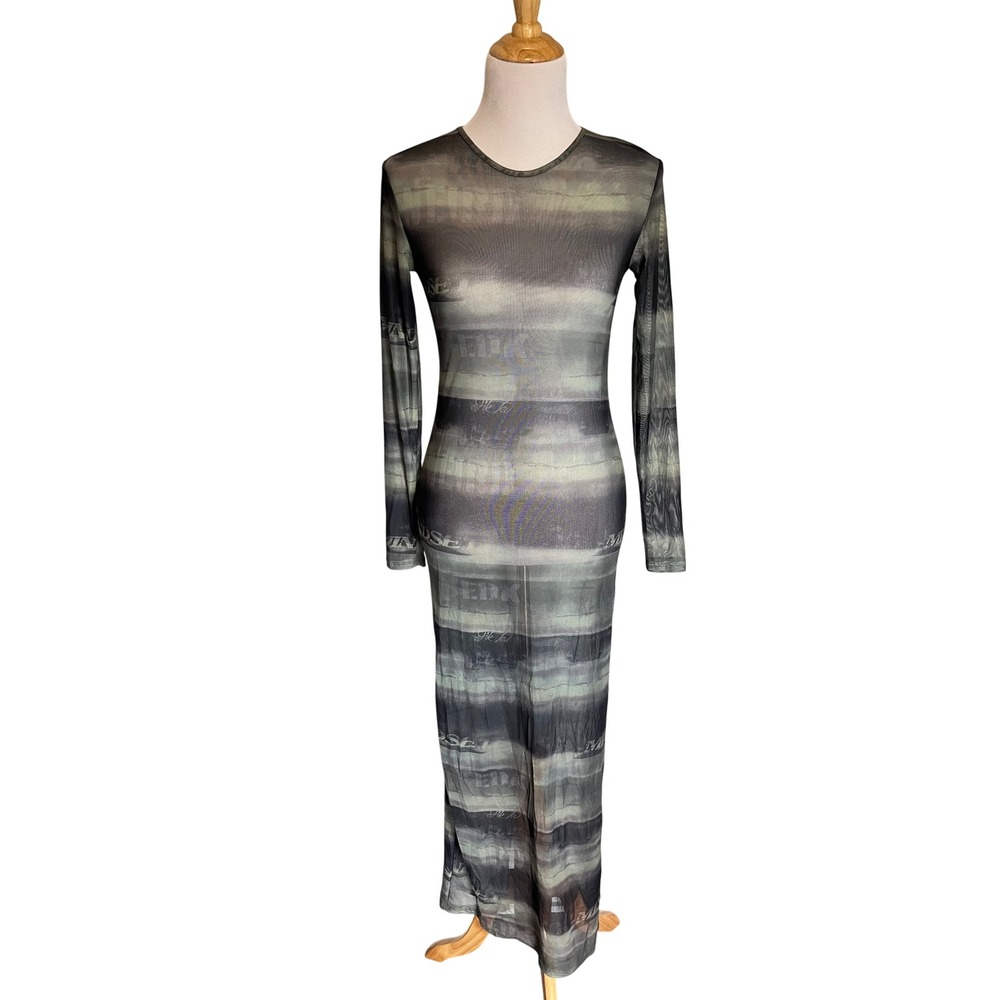 Sheer Mesh Bodycon Maxi Dress Size M Forest Fairy Grunge Green Festival Rave